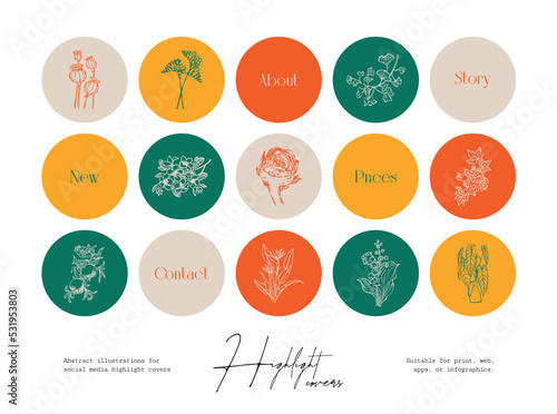 Set of hand drawn ink wildflower and botanical illustrations for social media highlight covers
