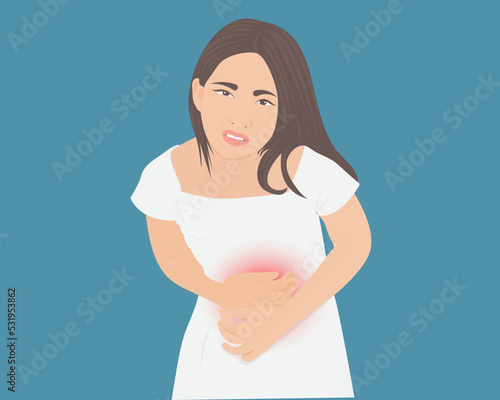 Young woman putting her hand on her stomach due to stomach pain, food poisoning or menstrual pain. Health care concept vector illustration.