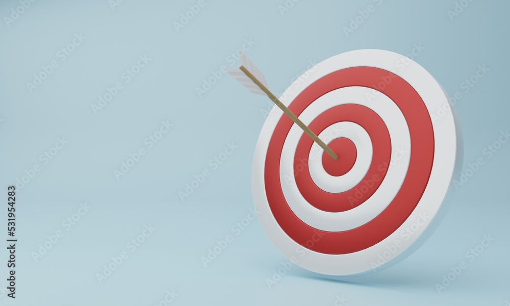 concept of goal target business marketing. arrow hitting in the red target center of the archery target or bullseye on blue background. 3d illustration concept of goal target business marketing. arrow hitting in the red target center of the archery target or bullseye on blue background. 3d illustration
