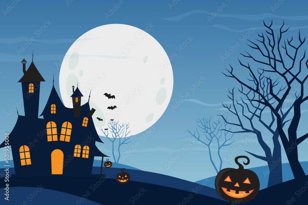 Halloween scary silhouettes of castle, pumpkin, and dead tree at moonlight background flat vector illustration