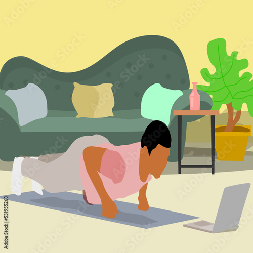 Vector of Young Man working out at home, doing yoga plank pose in front of open laptop, instructions by professional fitness trainer watching online video tutorial.