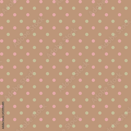 Pink green polka dot seamless pattern. Colorful dots on brown background. Modern vector illustration for cards, party invitation, packaging, surface design. 