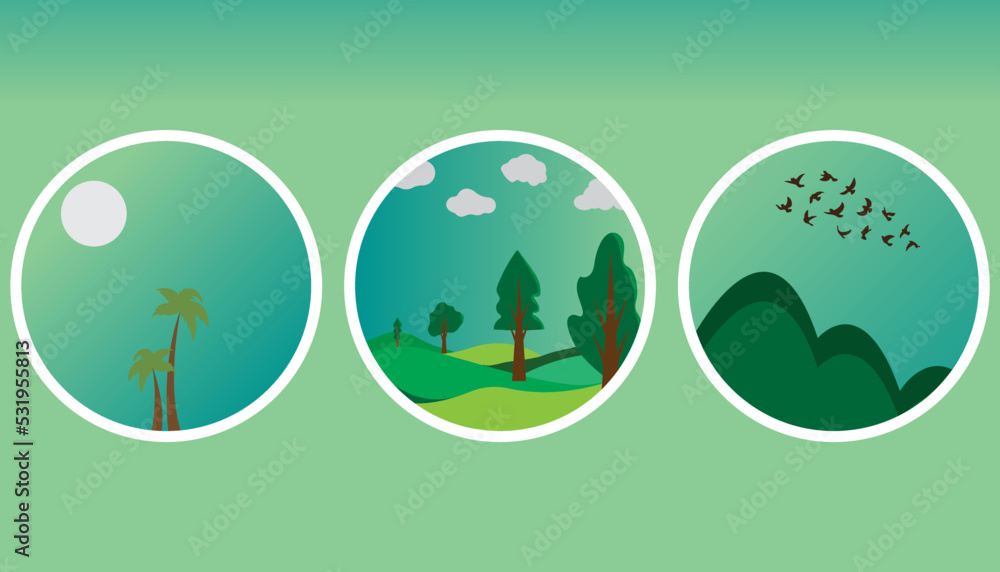 Green Nature Trees Three Sets of Vector Landscape Natural Scenery Minimalist Abstract Illustration