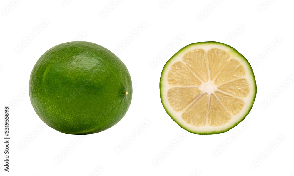 Green lime whole and sectioned fruit on transparent background Green lime whole and sectioned fruit on transparent background