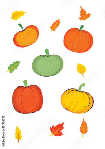 set of pumpkins and leaves