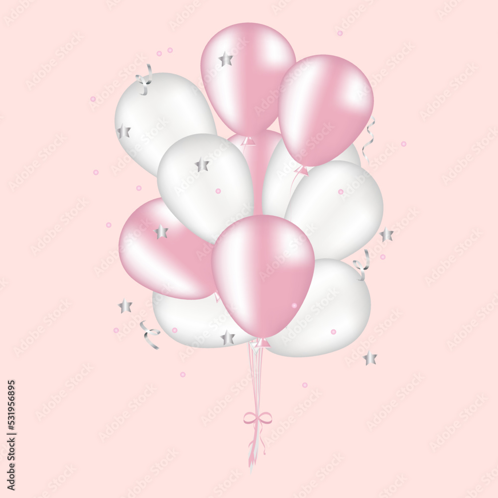 Bouquet, bouquet of realistic transparent, pink and white balloons and serpentine, confetti in delicate pastel colors. Vector illustration for card, party, design, flyer, poster, decor, banner