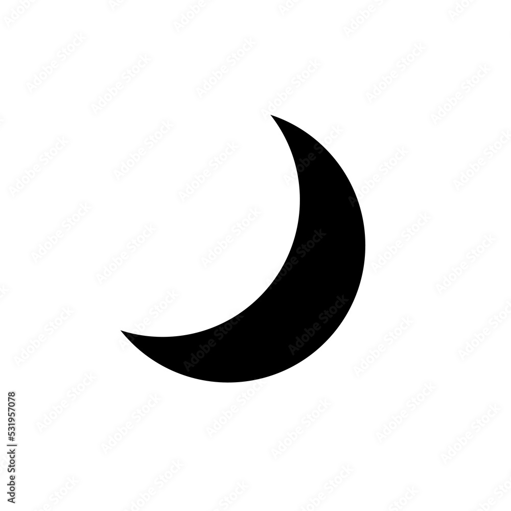 Moon in night sky. Black moon light isolated on white background. Icon crescent. Simple celestial shape. Silhouette graphic element. Logo outline sleep. Phase half moon. Moonlight. Vector illustration Moon in night sky. Black moon light isolated on white background. Icon crescent. Simple celestial shape. Silhouette graphic element. Logo outline sleep. Phase half moon. Moonlight. Vector illustration