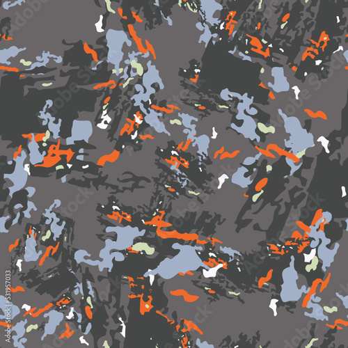 Urban camouflage of various shades of grey, blue and orange colors