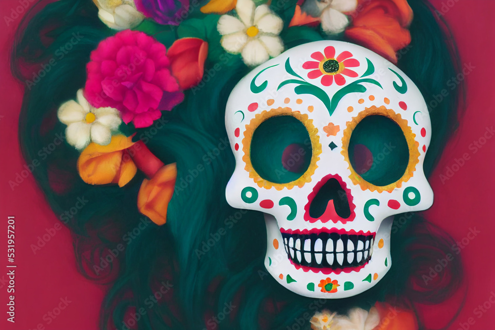 Colorful Dia de los muertos mexican holiday Day of Dead, Digital style, 3d rendering Colorful Dia de los muertos mexican holiday Day of Dead, Digital style, 3d rendering