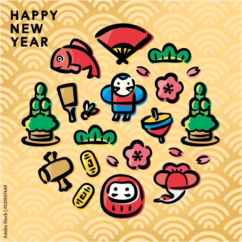 Japanese New Year Illustration for banners, backgrounds, New Year's cards, and various promotions.(Square,English version)