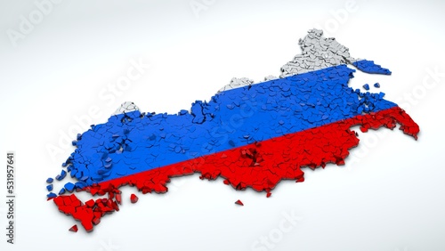 3d rendering of a map of Russia with the flag of the Russian Federation. The destroyed territory, cracked and disintegrated into fragments. The idea of economic, military and political defeat.