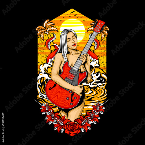 beautiful guitarist girl illustration with awesome background