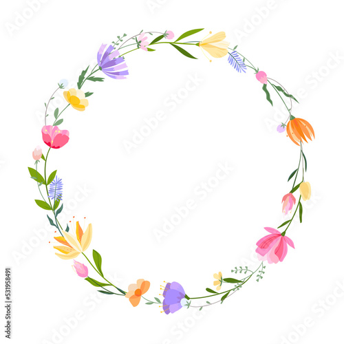 Vector floral wreath illustration. Set of leaves  wildflowers  twigs  floral arrangements. Beautiful compositions of field grass and bright spring flowers.