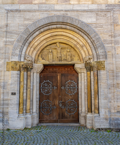 St. John‘s Church (St. Johanniskirche) main portal, late romantic era, Schwaebisch Gmuend, Baden-Wuerttemberg, Germany, Europe