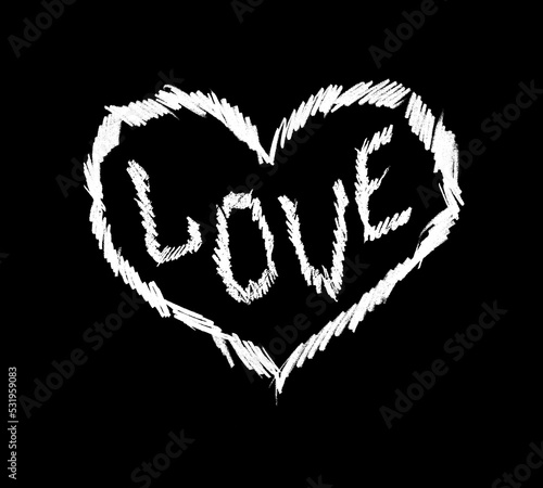On a black background  a heart with the inscription  love  is white