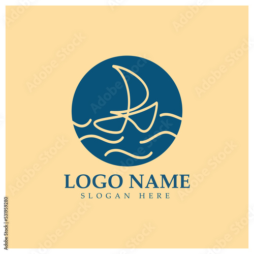 Simple Sailboat dhow boat on Sea Ocean Wave art style logo design, Daily cruises, sea travel, vector icon ILLUSTRATION