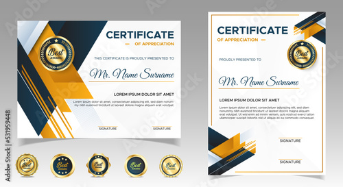 Black and yellow certificate of achievement border template with luxury badges and modern line pattern. For award, business, and education needs
