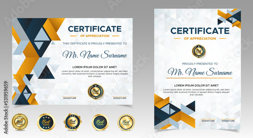 Black and yellow certificate of achievement border template with luxury badges and modern line pattern. For award, business, and education needs