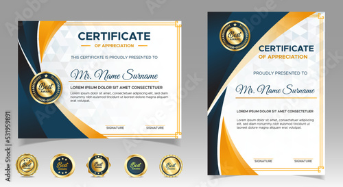 Black and yellow certificate of achievement border template with luxury badges and modern line pattern. For award, business, and education needs