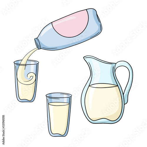 A set of colored icons, a blue plastic bottle with a drink, a currant with milk. vector cartoon