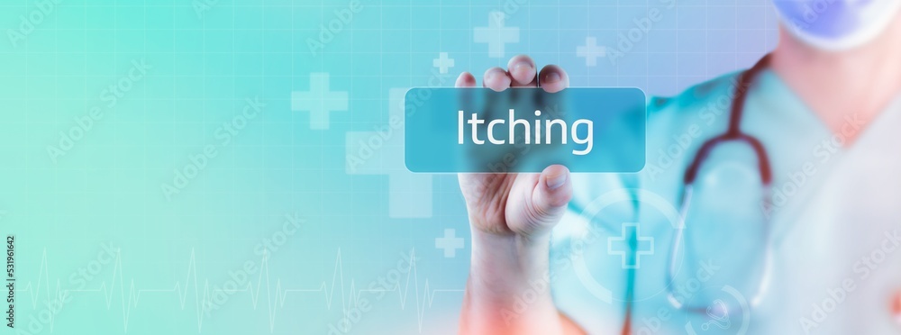 Itching (pruritus). Doctor holds virtual card in hand. Medicine digital Itching (pruritus). Doctor holds virtual card in hand. Medicine digital