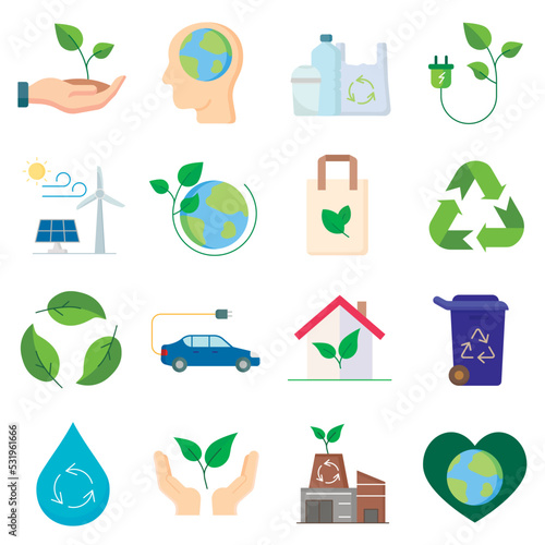 Set of 16 ecology and environment icons. flat style