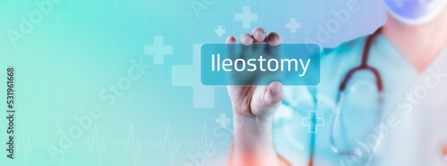 Ileostomy. Doctor holds virtual card in hand. Medicine digital photo