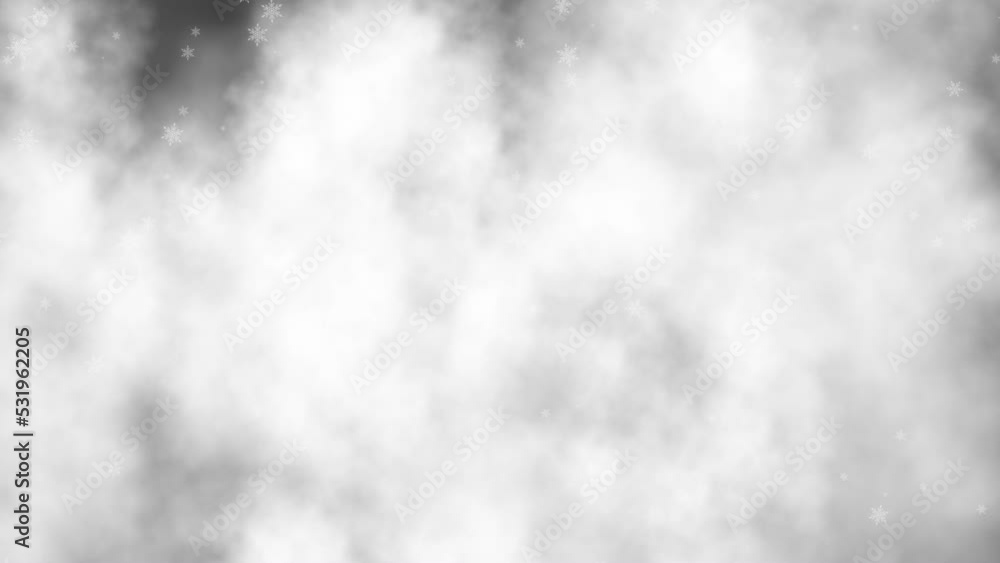 Falling white snowflakes through clouds on black background. Merry Christmas and happy new year. Happy Holidays. Falling white snowflakes through clouds on black background. Merry Christmas and happy new year. Happy Holidays.