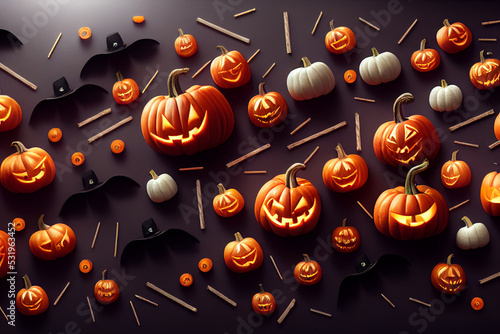 Flat lay with halloween motifs on black background photorealistic 3d illustration