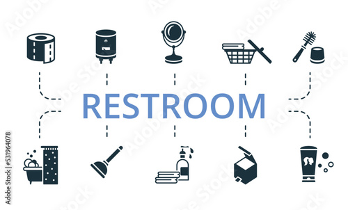 Restroom set icon. Editable icons restroom theme such as trash can, plunger, mirror and more.