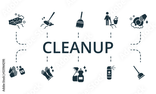 Cleanup set icon. Editable icons cleanup theme such as broom, sponge, washing dishes and more.
