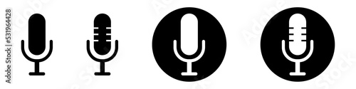 Microphone linear icons set. Equipment for karaoke and podcast. Music record symbol.