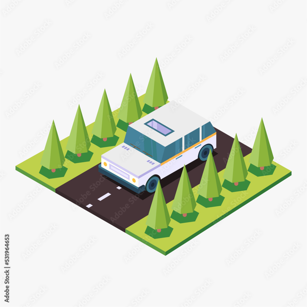 Isometric car on the road with pine trees isolated on white