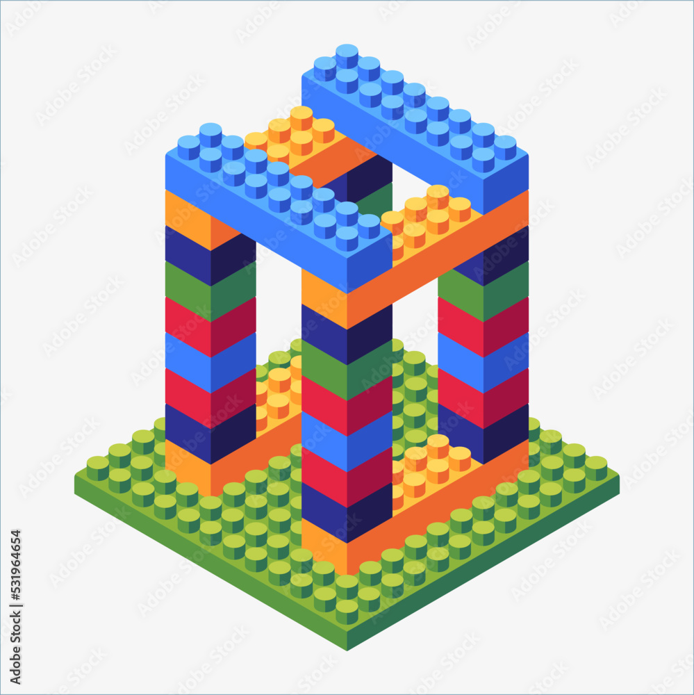 Fototapeta premium Isometric of brick gate in toy miniature isolated on white. perpective bricks toy design in full colour.