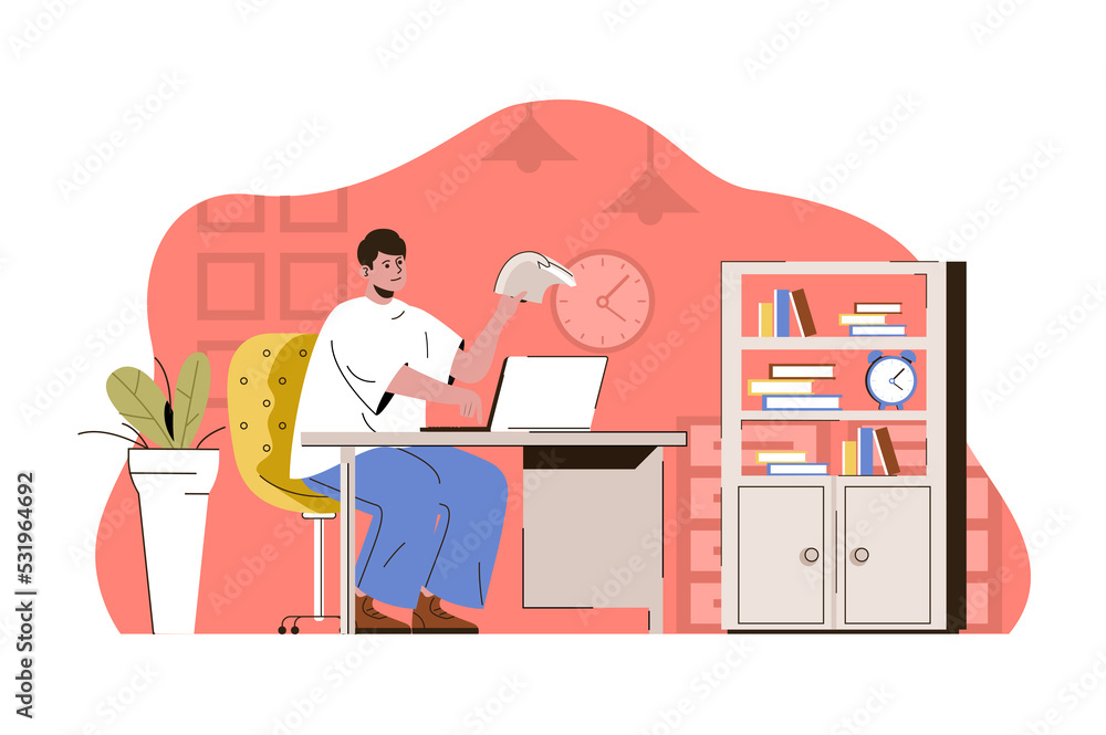 Exemplary management concept. Employee working on laptop in office situation. Successful workflow organization people scene. Illustration with flat character design for website and mobile site