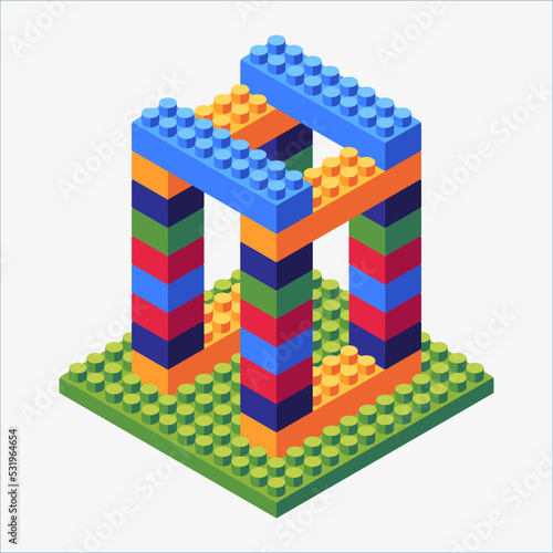 Isometric of brick gate in toy miniature isolated on white. perpective bricks toy design in full colour.