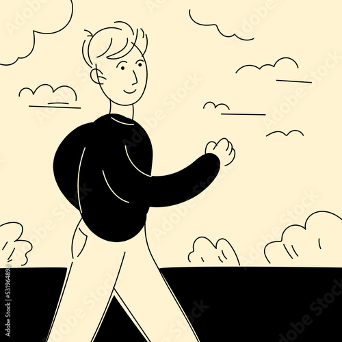 Linear vector graphics. A man went out for a walk and walks at a brisk pace against the background of nature.