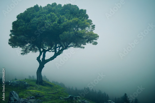 Pine tree on a mountain covered in fog
