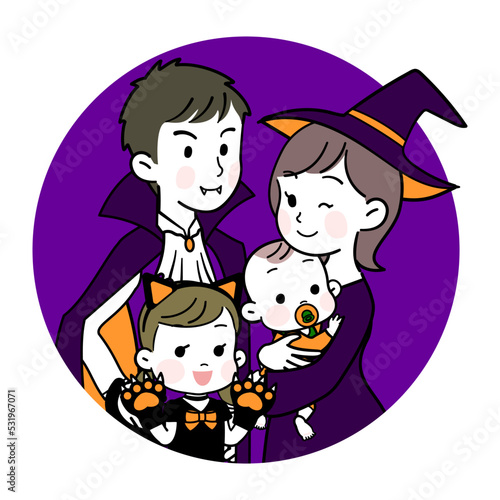 ハロウィン　仮装した家族　紫