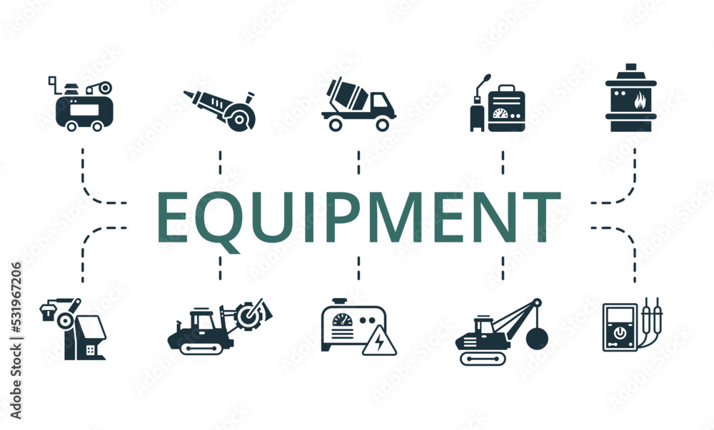 Equipment icon set. Contains editable icons machinery theme such as trencher, mixer truck, multimeter and more. Equipment icon set. Contains editable icons machinery theme such as trencher, mixer truck, multimeter and more.