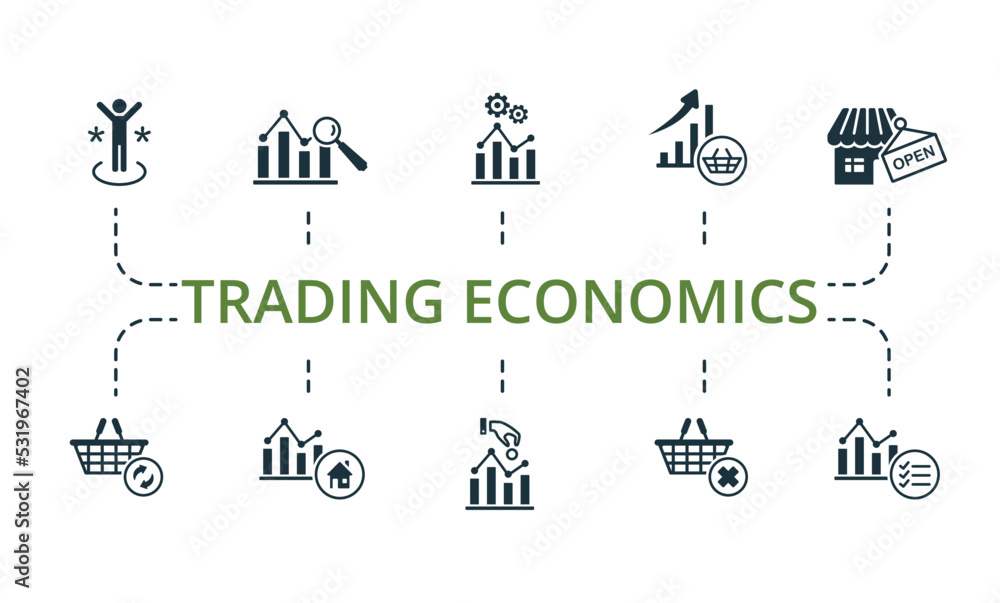 Trading Economics set icon. Editable icons trading economics theme such as real estate market, market regulation, market analysis and more.