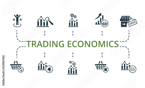 Trading Economics set icon. Editable icons trading economics theme such as real estate market, market regulation, market analysis and more.