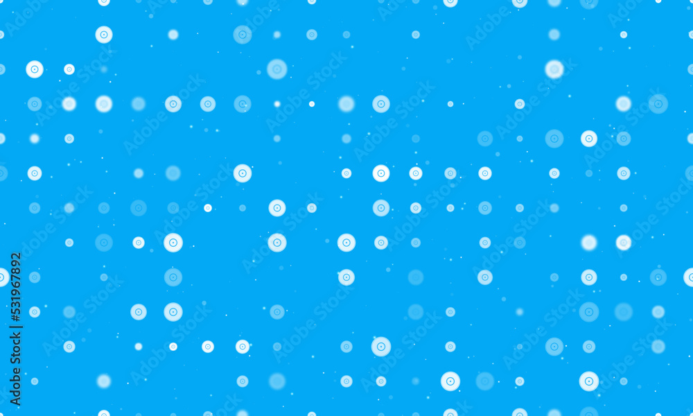 Seamless background pattern of evenly spaced white gramophone record symbols of different sizes and opacity. Vector illustration on light blue background with stars