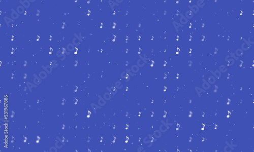 Seamless background pattern of evenly spaced white musical note symbols of different sizes and opacity. Vector illustration on indigo background with stars