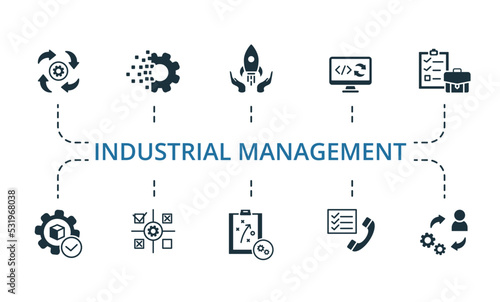 Industrial Management set icon. Editable icons industrial management theme such as launch optimization, interation cycles, performance method and more.
