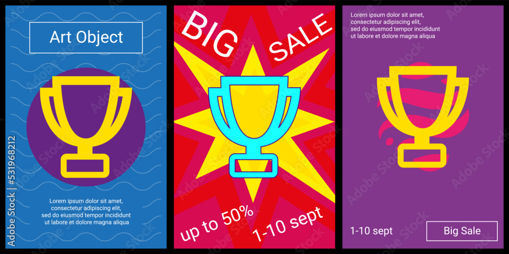 Trendy retro posters for organizing sales and other events. Large trophy symbol in the center of each poster. Vector illustration on black background Trendy retro posters for organizing sales and other events. Large trophy symbol in the center of each poster. Vector illustration on black background