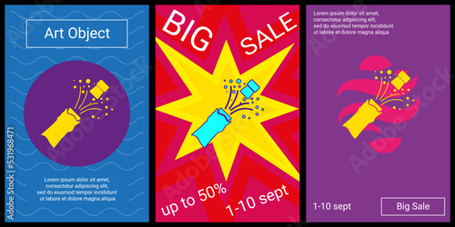 Trendy retro posters for organizing sales and other events. Large champagne opening symbol in the center of each poster. Vector illustration on black background