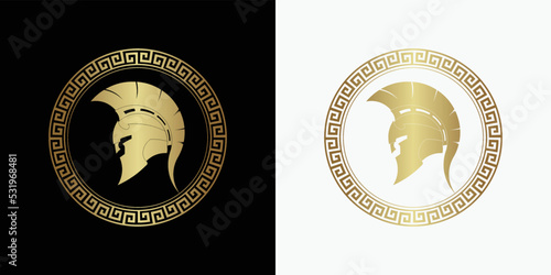 Spartan shield with helmet of the Spartan warrior symbol, emblem.  Vector illustration of spartan shield and helm, Spartan Greek gladiator helmet armor flat vector icon
 photo