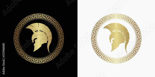 Spartan shield with helmet of the Spartan warrior symbol, emblem.  Vector illustration of spartan shield and helm, Spartan Greek gladiator helmet armor flat vector icon

