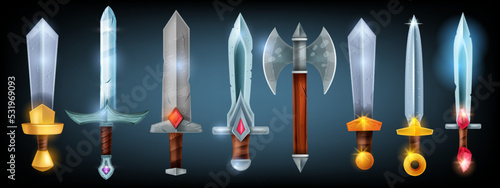 3D sword vector game set, pirate fantasy RPG weapon icon kit, medieval knife cartoon assets. Vintage Viking axe, iron golden handle, shiny steel sharp blade, warrior sabre. Sword game collection